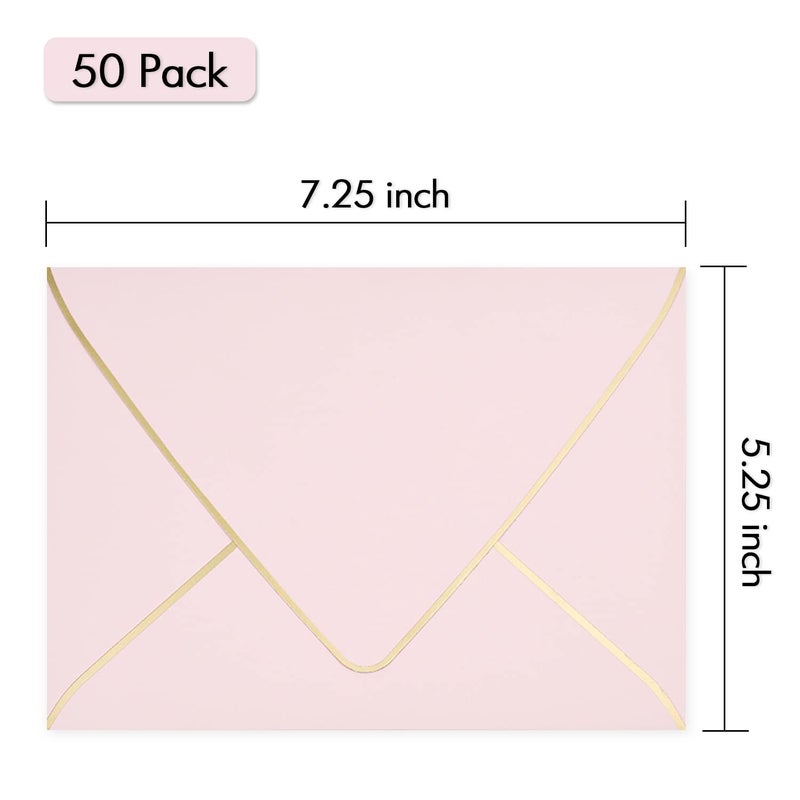 AZAZA A7 Pink Envelopes 50 Pack 5 x 7 - V flap, Quick Self Seal, With Gold Border, For 5x7 Cards| Perfect for Weddings, Invitations, Photos, Graduation, Baby Shower|Thick Luxury Paper (Pink-golden border) - Image 3